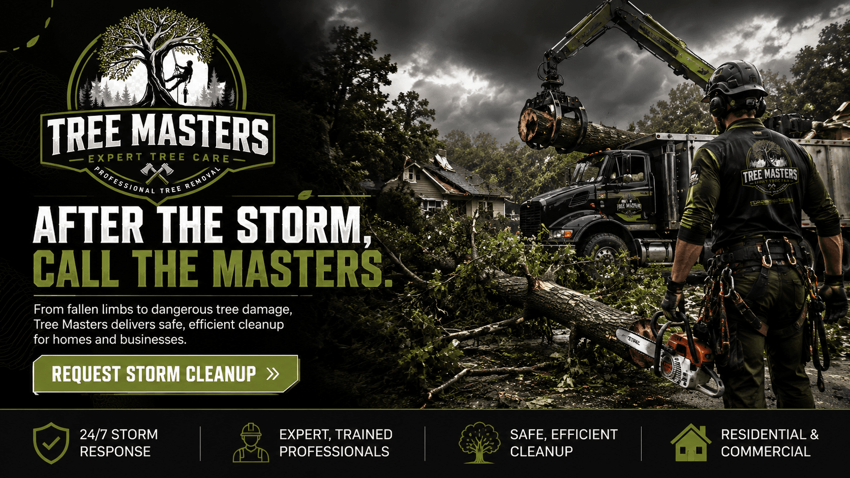 Storm Cleanup — After the Storm, Call the Masters.. Fast, careful response after wind and storm damage — emergency ready. From a single downed limb to a tree on the house, we move quickly and work safely.