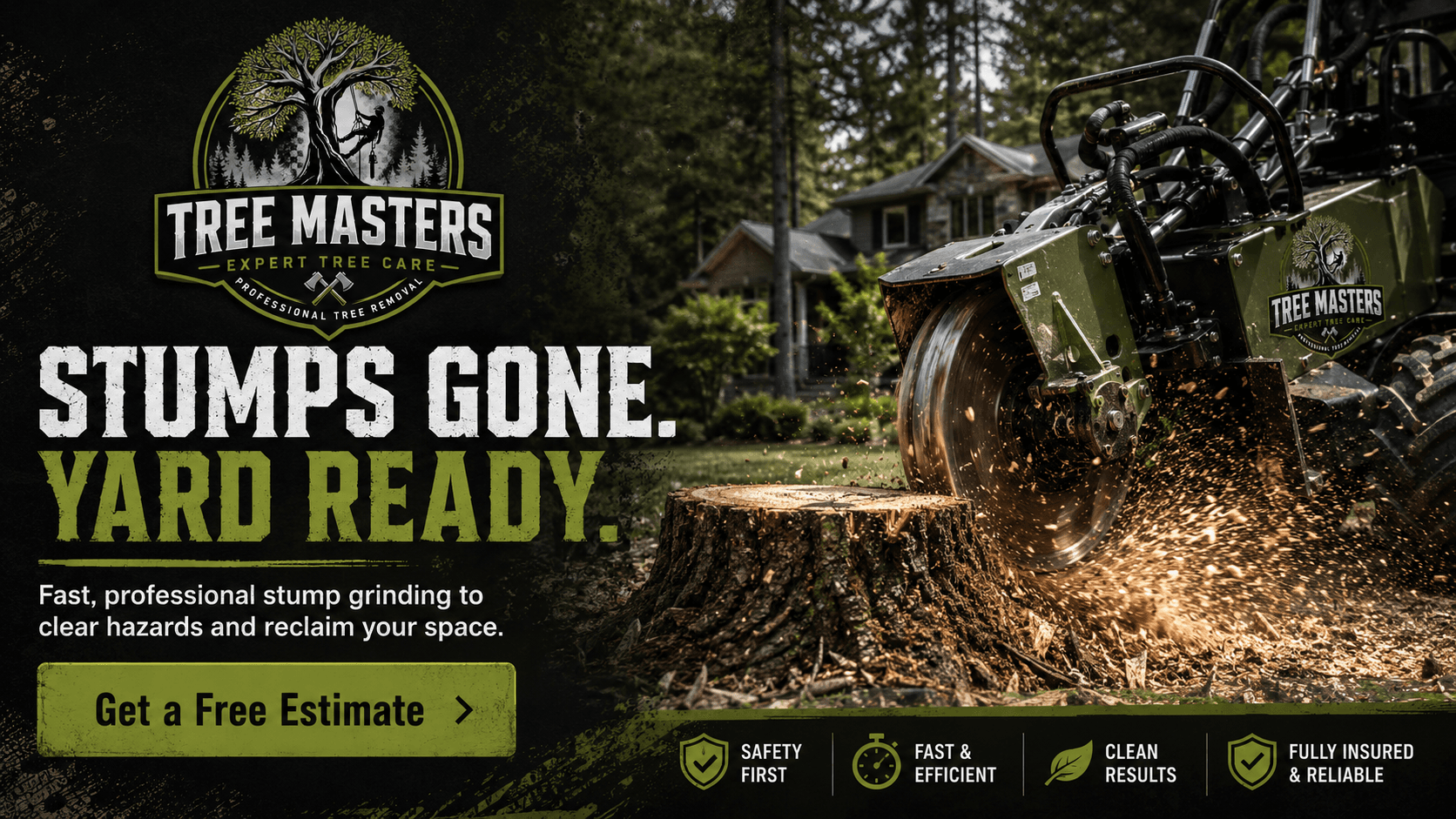 Stump Grinding — Stumps Gone. Yard Ready.. Grind stumps below grade so you can reclaim and replant the space. We come out with a dedicated grinder and leave you a clean, level spot.